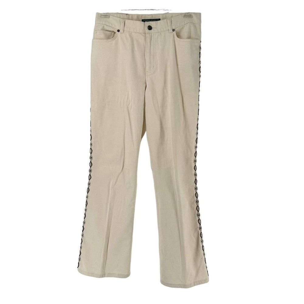Ralph Lauren Jeans Co Southwestern Beaded High Rise Bootcut Cream Boho Size 10